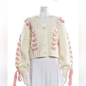 For Love & Lemons Cream Knit Cardigan with Pink Ribbon Accents NWT NEVER WORN